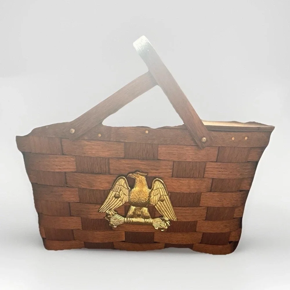 Vintage Woven Wood Picnic Basket with Brass Eagle Emblem and Plastic Dish‎ Set